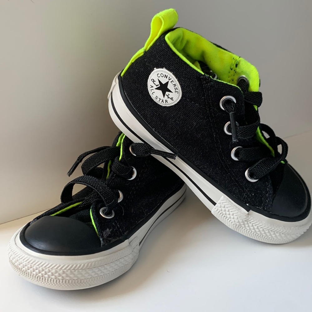 Size 5 Black and Neon Green Converse High Tops